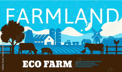 Cow silhouette in farm landscape. Farmland eco life