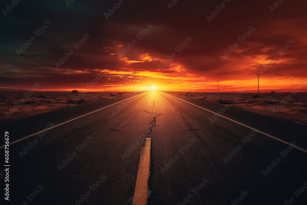 highway road leading into the distance, sunset in neon style, Generative AI