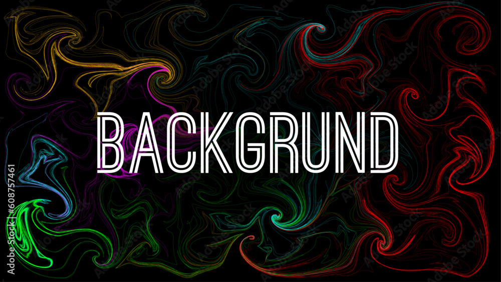 Line style background neon colors on black dark background. Wavy style abstract liquid background.