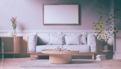 3d Illustration - Skandinavisches  nordisches Wohnzimmer mit einem Sofa und einem Tisch. - Textfreiraum - Platzhalter - Retro Look