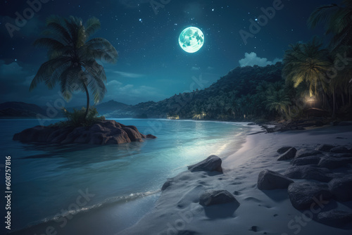 Romantic Night Scene Beautiful Fantasy tropical beach  Generative AI