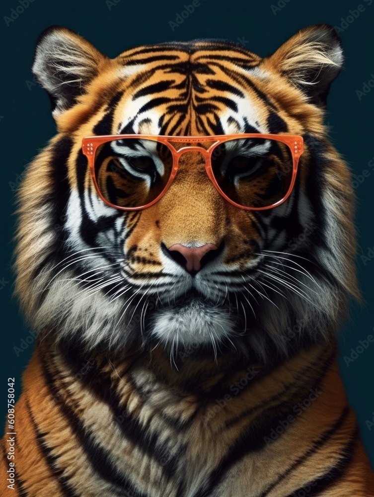 Fototapeta premium A real tiger cool with black sunglasses. Generative AI