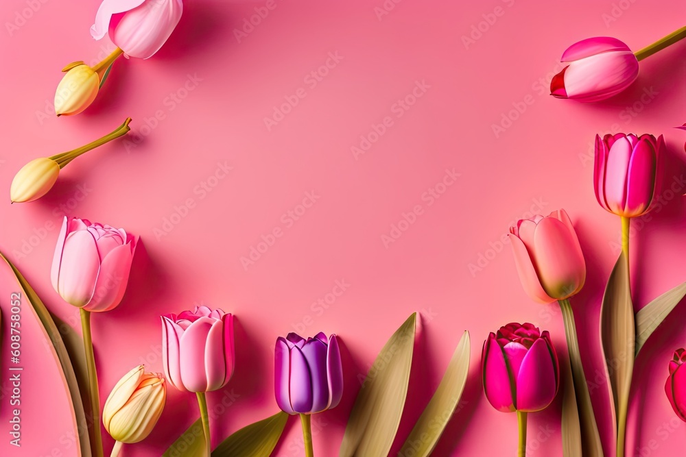 Spring Tulip Flowers Flat Lay on Pink Background Generative AI Spring Tulip Flowers Flat Lay on Pink Background Generative AI