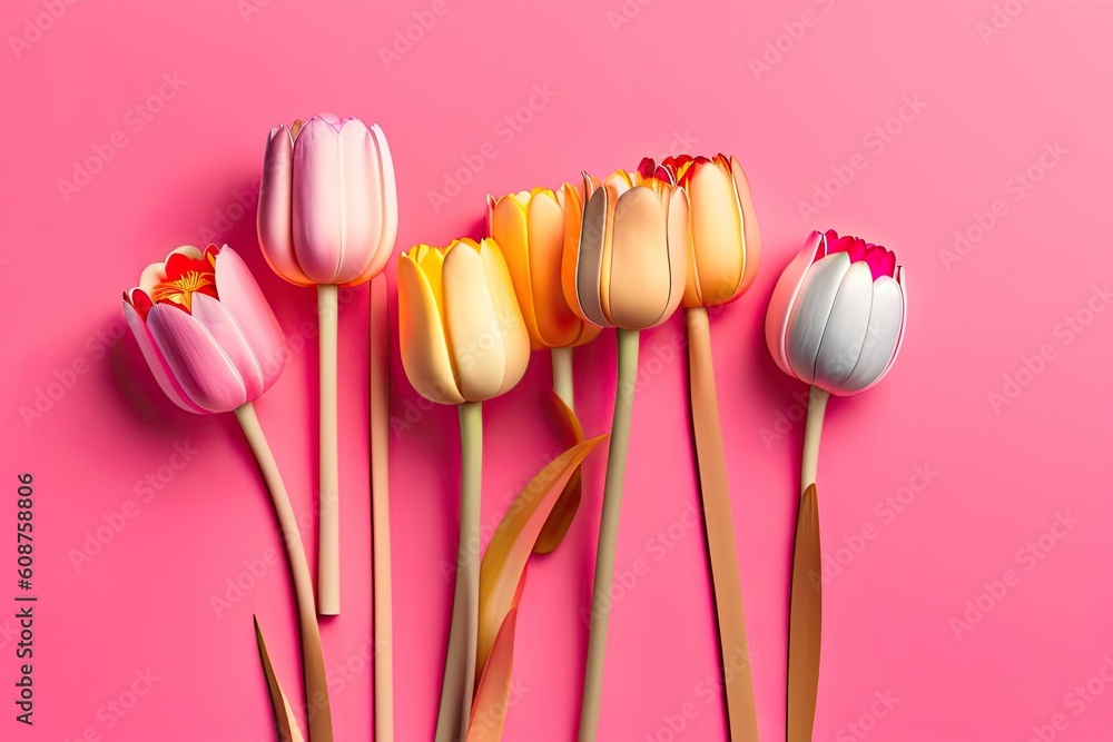 Spring Tulip Flowers Flat Lay on Pink Background Generative AI Spring Tulip Flowers Flat Lay on Pink Background Generative AI