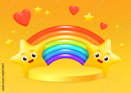 3D vector illustration of a colorful cartoon stars with a rainbow with cylinder pedestal on the yellow background with heart. Perfect for product showcases, posters, mockups for children's designs.