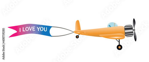 Cartoon single plane with a propeller and a hanging banner with the inscription I love you. Vector illustration 