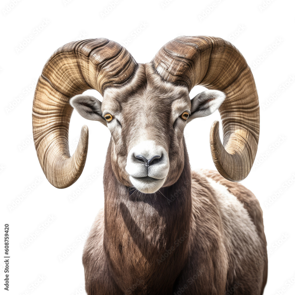 a Rocky Mountain Bighhorn Ram sheep portrait, stately, strong protector, Wildlife-themed, photorealistic illustrations in a PNG, cutout, and isolated. Generative AI a Rocky Mountain Bighhorn Ram sheep portrait, stately, strong protector, Wildlife-themed, photorealistic illustrations in a PNG, cutout, and isolated. Generative AI