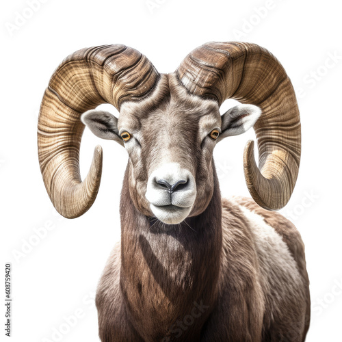  a Rocky Mountain Bighhorn Ram sheep portrait, stately, strong protector, Wildlife-themed, photorealistic illustrations in a PNG, cutout, and isolated. Generative AI