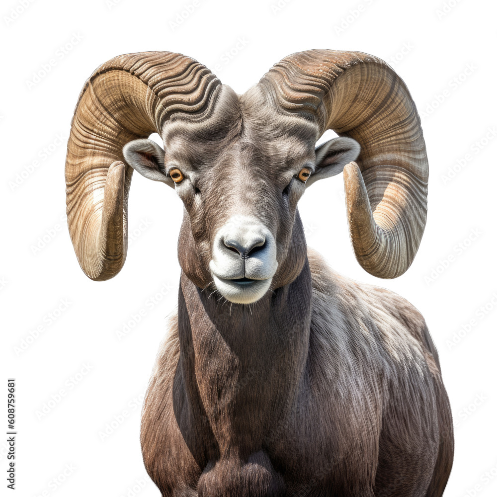 a Rocky Mountain Bighhorn Ram sheep portrait, stately, strong protector, Wildlife-themed, photorealistic illustrations in a PNG, cutout, and isolated. Generative AI a Rocky Mountain Bighhorn Ram sheep portrait, stately, strong protector, Wildlife-themed, photorealistic illustrations in a PNG, cutout, and isolated. Generative AI