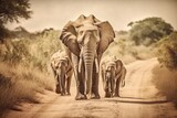 African Bush Elephants - Loxodonta africana family walking. Generative AI