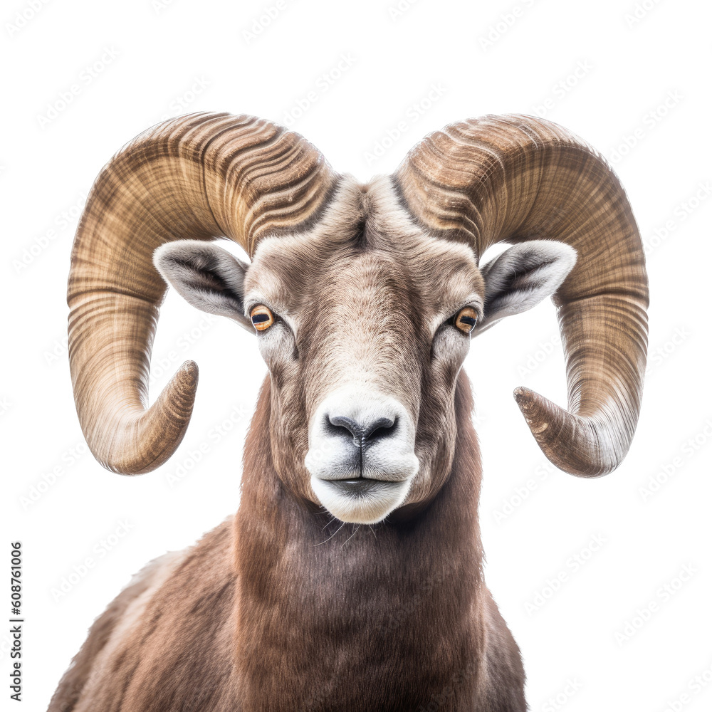 a Bighorn ram Portrait, frontal view in a wildlife-themed, illustration in a PNG, cutout, and isolated. Generative ai