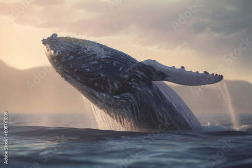 A humpback whale jumps out of the ocean, displaying its majestic tail and creating a splash. Witness the beauty of marine wildlife in this stunning photo. AI Generative. © sorapop
