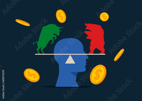 Bull and bear on balanced scales. Business seesaw and balance. Equal weight business team. Modern vector illustration in flat style