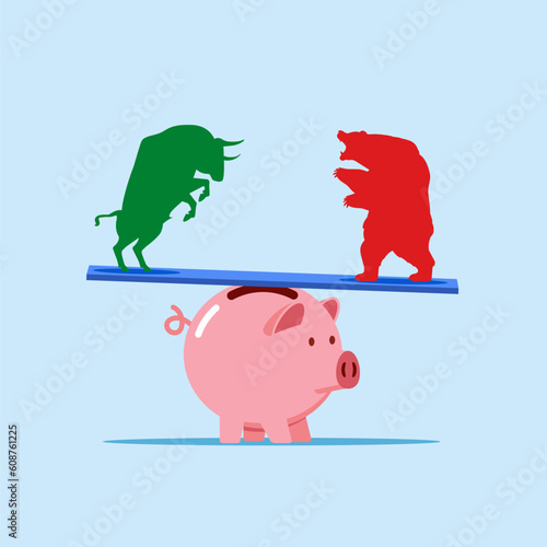 Business seesaw and balance. Bull and bear on balanced scales piggy banks. Vector illustration
