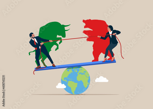 Man and woman play tug of war game standing on scales, pulling opposite ends of rope. Bear and Bull fighting. Global economy crash or boom. Flat vector illustration