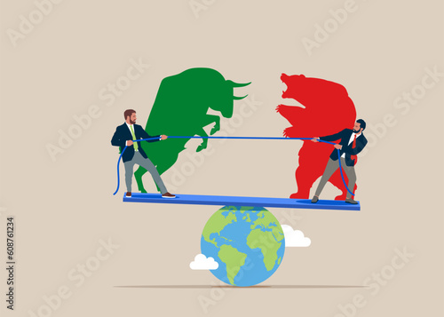 Business team play tug of war game standing on scales, pulling opposite ends of rope. People and country confrontation. Bear and Bull fighting. Global economy crash or boom.