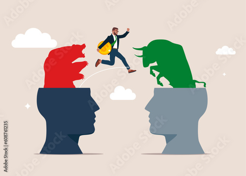 Businessman jumps out of the Bear and Bull. Symbol of Financial markets. Global economy crash or boom. Flat vector illustration