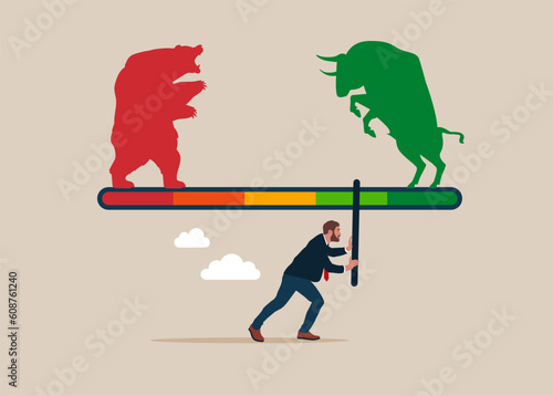 Businessman moves an arrow on measuring scale. Bear and Bull fighting. Good credit score. Flat vector illustration
