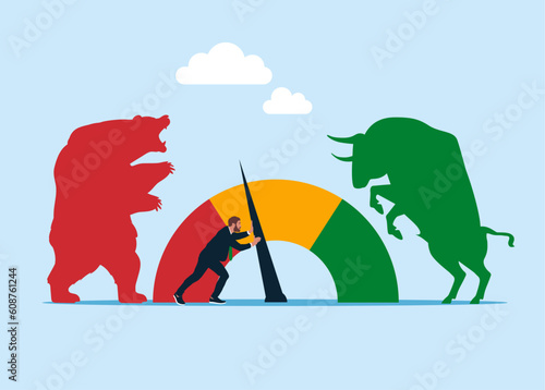 Strong businessman pull the arrow to make rating gauge to be excellent. Bear and Bull fighting. Symbol of Financial markets. Flat vector illustration © Vadym