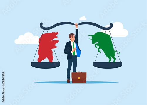 Businessman holds scales with Bear and Bull. Bear and Bull fighting. Root cause analysis and solving problems, risk analysis assessment. Global economy crash or boom.