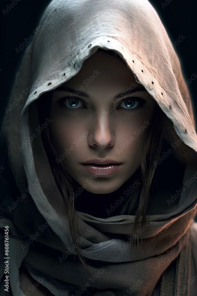 female assassin wearing a hooded cloak. generative AI Stock
