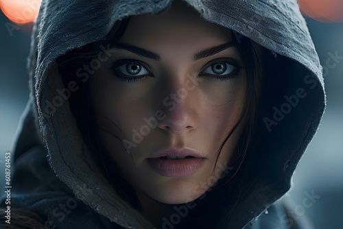 female assassin wearing a hooded cloak. generative AI photo