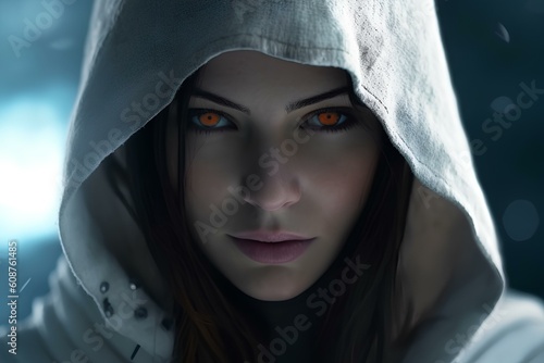 female assassin wearing a hooded cloak. generative AI