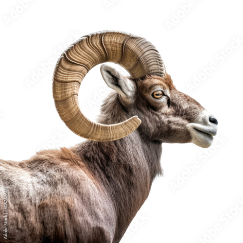 a Rocky Mountain Bighhorn Ram sheep, side view portrait, stately, strong protector, Wildlife-themed, photorealistic illustrations in a PNG, cutout, and isolated. Generative AI