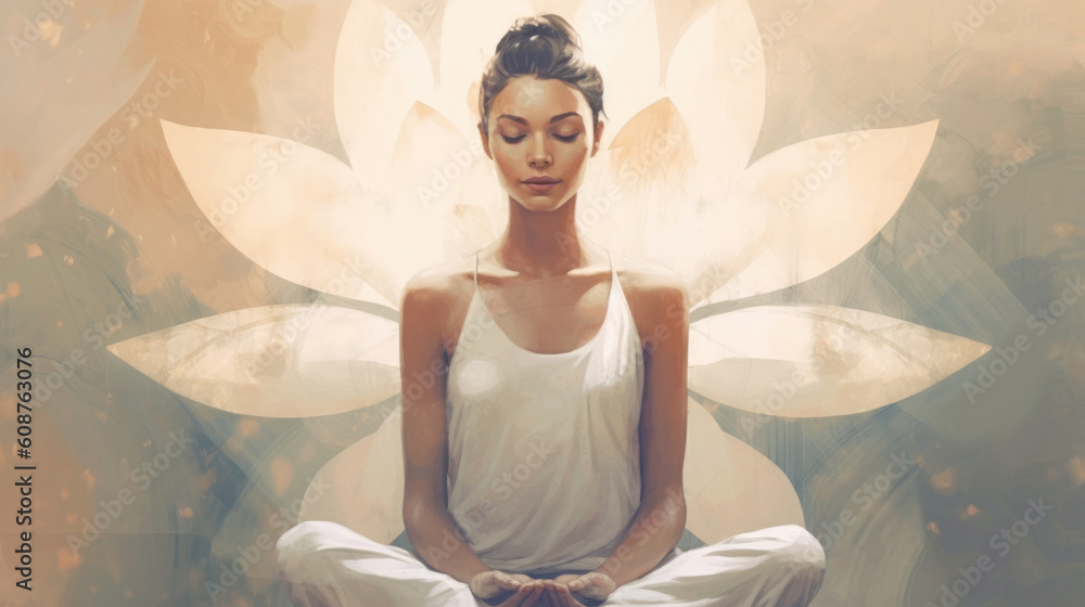 Fototapeta premium Portrait illustration of a woman sitting against a background with a lotus flower and meditating. Female in a peaceful moment practising mindfulness. Generative AI