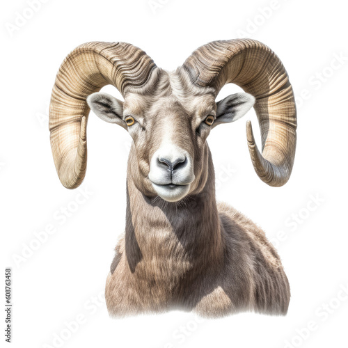 a Bighorn ram Portrait, frontal view in a wildlife-themed, illustration in a PNG, cutout, and isolated. Generative ai