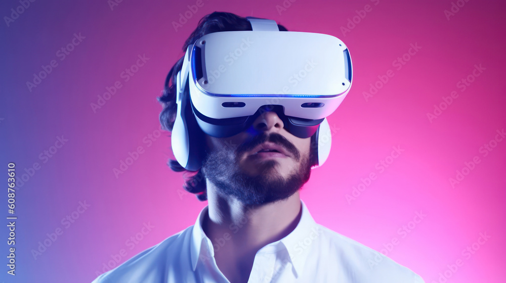 Closeup side Face men with VR grasses. Generative AI illustrations Closeup side Face men with VR grasses. Generative AI illustrations