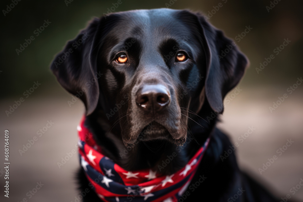 Funny dog in a necklace in the colors of the American flag. Isolated on a white background. Happy 4th Of July Independence Day card. Generative AI