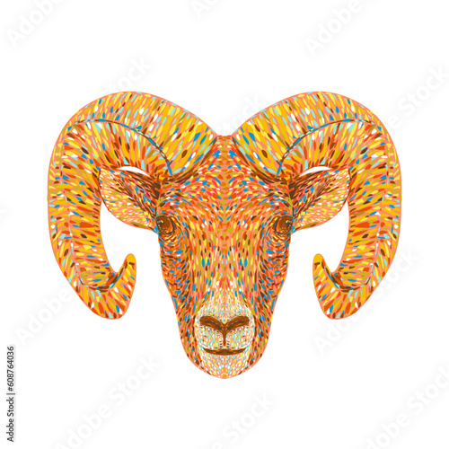 Pointillist, Impressionist or pop art style illustration of head of a bighorn sheep or ram Ovis canadensis viewed from front on isolated background in retro dot art style.
