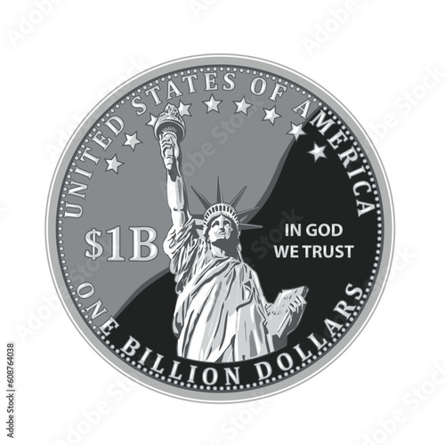 Metallic style flat icon illustration of a one million dollar coin of United States of America USA  with Statue of Liberty viewed from front with words In God We Trust on isolated white background.