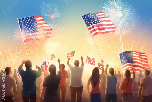 Illustration of people celebrating US Independence Day with flags and fireworks.AI Generative