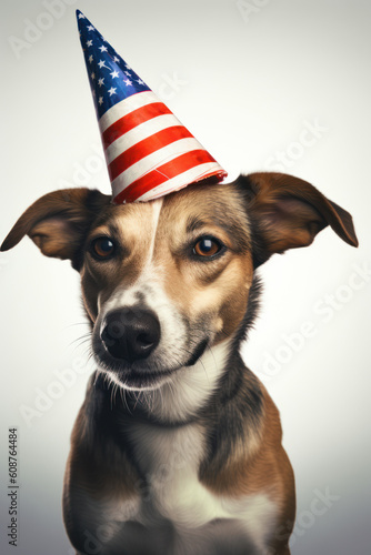 Funny dog in a hat in the colors of the American flag. Generative AI © Rafa Fernandez
