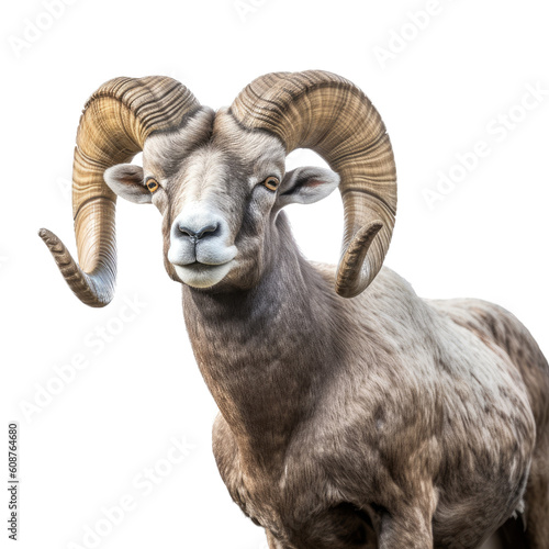  a Rocky Mountain Bighorn Ram sheep portrait, stately, strong protector, Wildlife-themed, photorealistic illustrations in a PNG, cutout, and isolated. Generative AI © Purple Penguin GFX