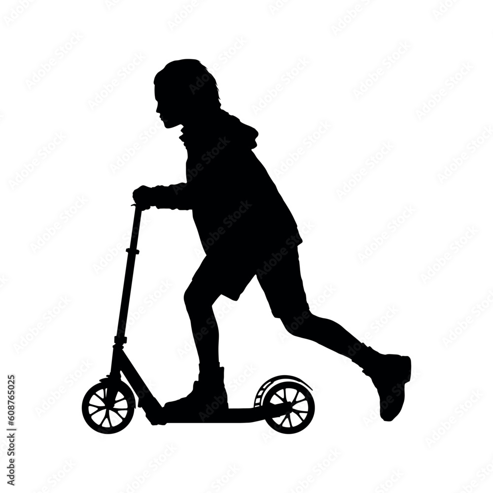 Boy riding electric kick scooter vector silhouette. Boy riding electric kick scooter vector silhouette.