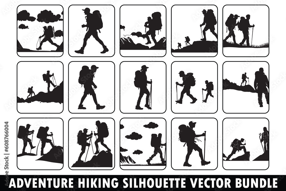 Hiking silhouette vector bundle, Adventure silhouette vector bundle, Outdoor activity vector bundle, Nature exploration vector pack, Mountain hiking silhouette