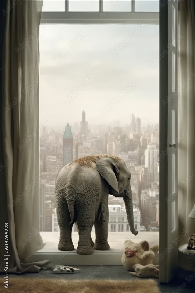 Baby Elephant's Urban Retreat: Adorable Pachyderm Enjoys City Views. Generative AI