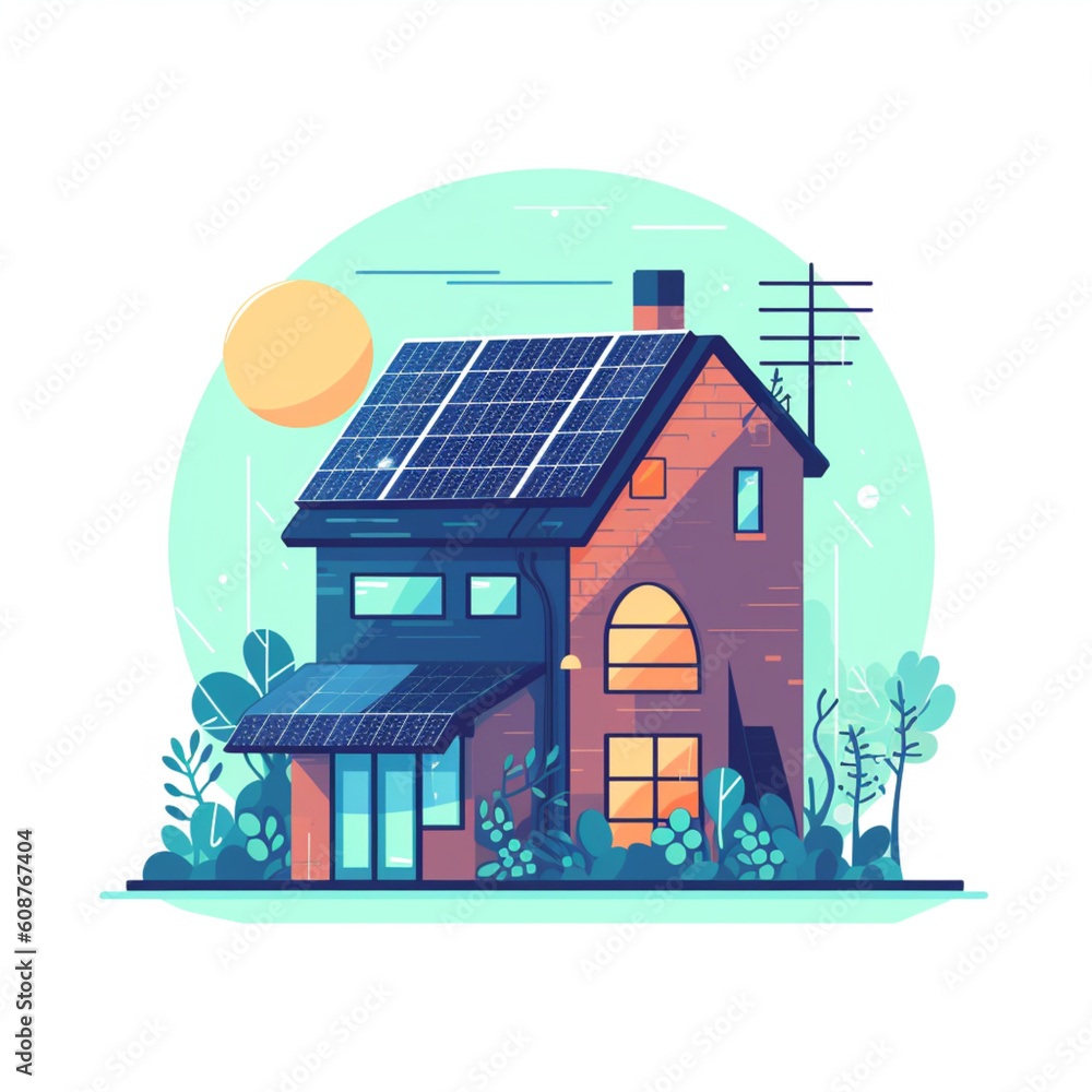 Ecco Freindly House With Solar Panels Illustration on white Background Ecco Freindly House With Solar Panels Illustration on white Background