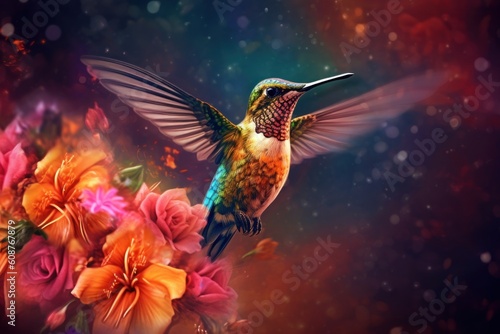 Beautiful, colorful hummingbird perched on a branch with a bunch of pink flowers. Generative AI