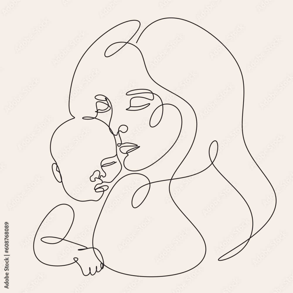 Line art woman face with baby. Minimalist Abstract Female A woman holds her baby. Continuous one-line drawing with color spots, and flowers. Vector draw illustration. Happy Mother's day card. Line art woman face with baby. Minimalist Abstract Female A woman holds her baby. Continuous one-line drawing with color spots, and flowers. Vector draw illustration. Happy Mother's day card.