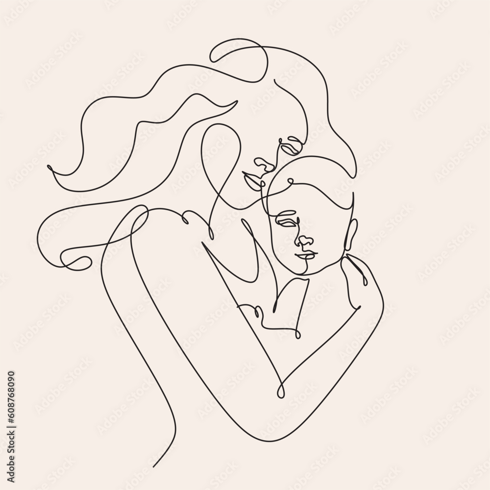 Line art woman face with baby. Minimalist  Abstract Female A woman holds her baby. Continuous one-line drawing with color spots, and flowers. Vector draw illustration. Happy Mother's day card. 