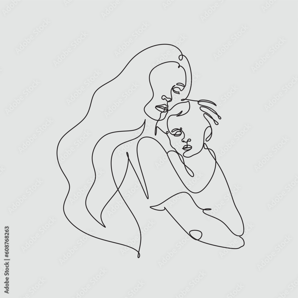 Mothers Day line art. Solid line,continuous one line drawing. Mother holding her baby . Continuous line art vector.Happy Mothers Day concept.