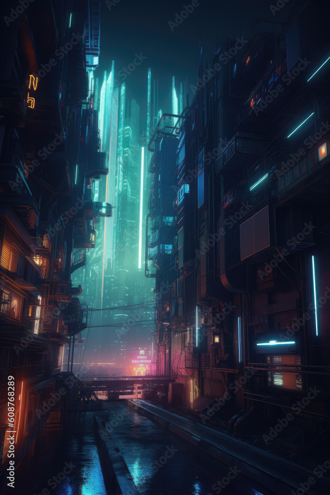 cityscape Futuristic Cyberpunk Night Metropolis, Generative AI