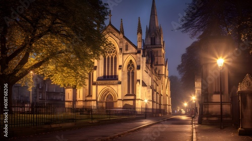 A stunning stone church at night with beautiful warm lighting setting the scene. it is surrounded by traditional English buildings. Generative AI.