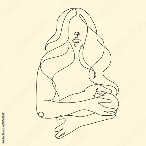 Mothers Day line art. Solid line,continuous one line drawing. Mother holding her baby . Continuous line art vector.Happy Mothers Day concept.