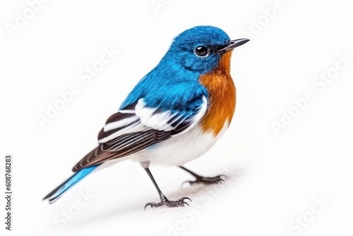 Beautiful blue bird, the Ultramarine Flycatcher, isolated on a white background. Generative AI