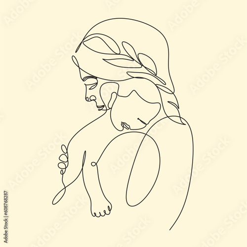 Mother woman with baby newborn one line drawing on white isolated background. Vector illustration	